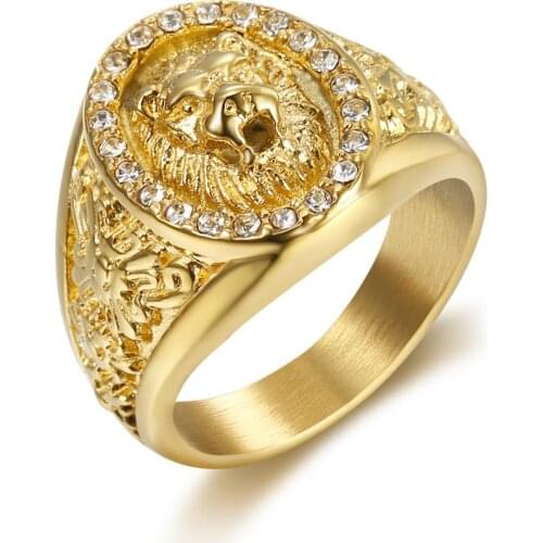 Drop ship gold crystal lion head animal ring 316 stainless steel biker ring party jewelry gifts