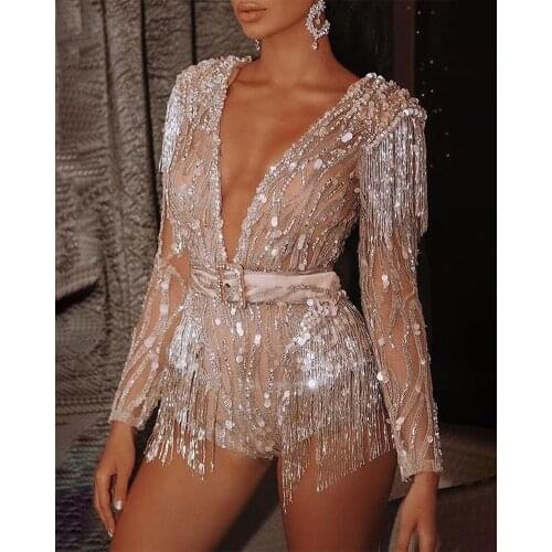 Deep V-neck Sequins Tassel Jumpsuit Full Sleeve Women Rompers Bodaysuit Party Night Clubwear Outfits Women Panysuit Short Sexy