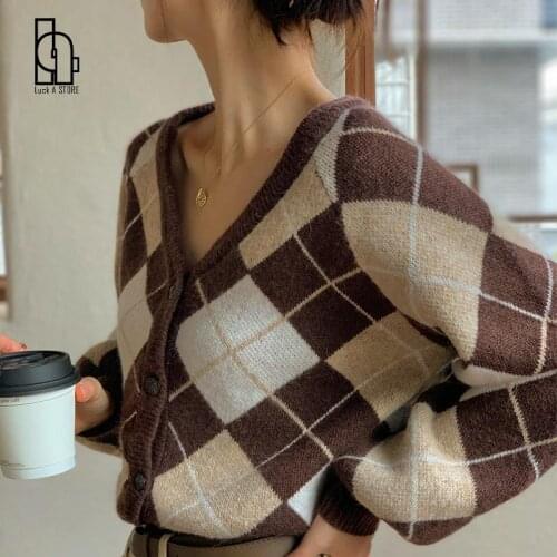 French Retro Long Sleeve Women Rhombus Cardigan Sweater Autumn Winter Plaid Loose V-Neck Short Knitted Top Green Sweater