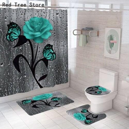 Colorful Rose Print Shower Curtain 4pcs Set Waterproof Polyester Non-slip U shape Mat Rug Toilet Cover for Bathroom with 12 Hook