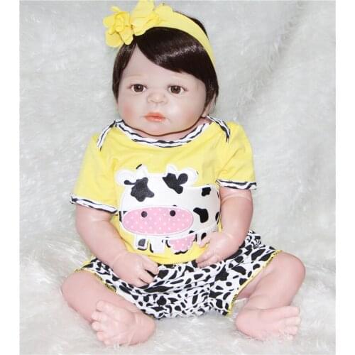 Children doll reborn gift 22" 55cm full silicone reborn baby dolls yellow Cows clothing with pacfier bottle for kids gift boneca