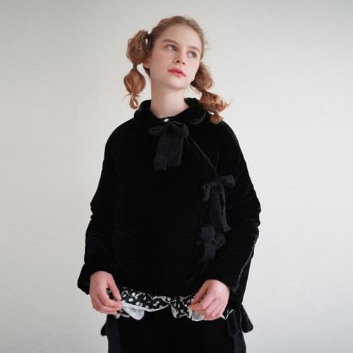 Imakokoni Hey Er Nao original black lace-up gold velvet cotton jacket female autumn and winter thickened doll collar cotton