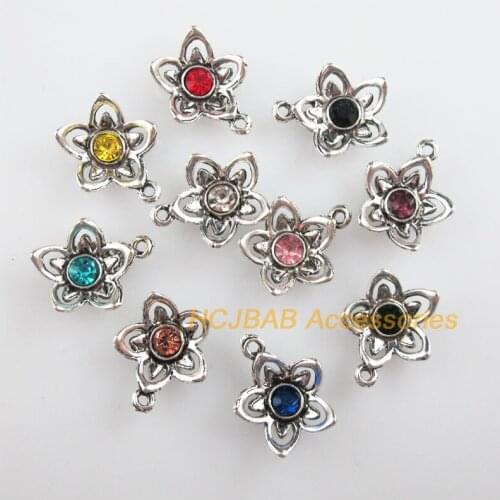 Fashion 10Pcs New Flower Charms Tibetan Silver Tone Retro Mixed Crystal Pendants 14x17mm