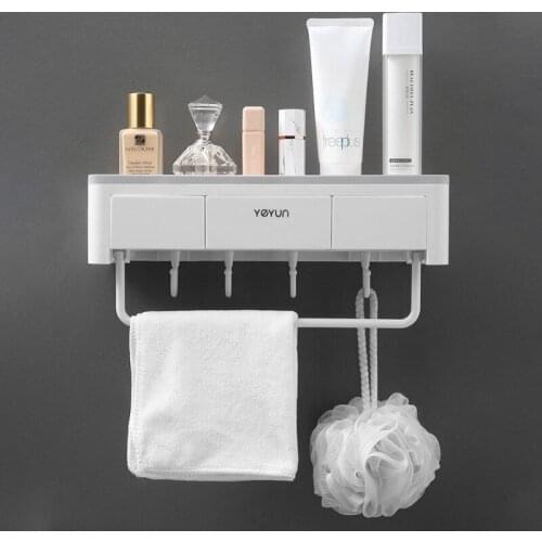 Bathroom Shelf Wall Mounted Shampoo Cosmetic With Drawer Storage Rack Organizer Towel Bar Robe Hooks Holder Bathroom Accessories