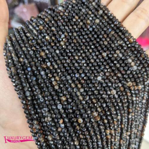 Natural Banded Black Agates Stone Loose Small Beads High Quality 3mm Faceted Round Shape DIY Gem Jewelry Accessories 38cm wk350