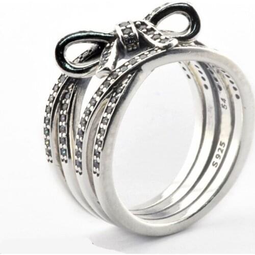 Delicate Sentiments Silver Rings for Women 100% 925 Sterling Silver Rings Jewelry Clear CZ Bow Wide Design Female Ring Jewelry