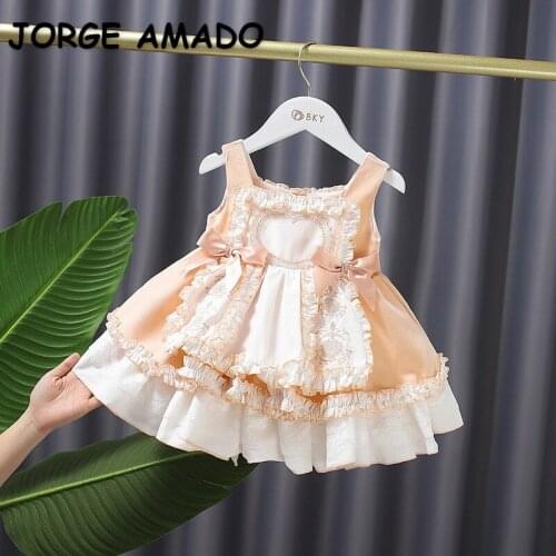 2021 New Summer Kids Girls Dress Lace Ruffles Bow Princess Dresses Cute Style Children Fashion Clothes E1208