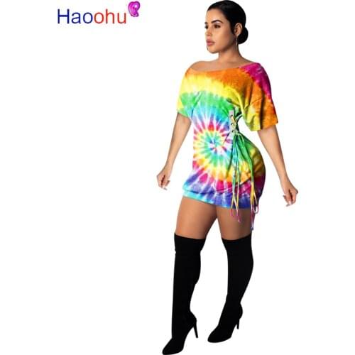 HAOOHU Tie Dye Side Bandage T Shirt Dress Women New Summer Clother Elegant Short Sleeve Vestidos Sexy Night Party Club Dresses