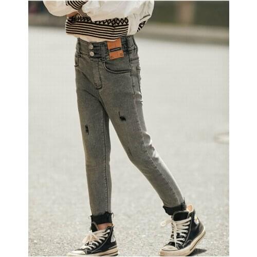 Ripped Jeans for Girls 810 years Skinny Pants Grey Blue Jeans for Teenage Girl