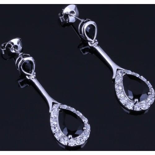 Superior Water Drop Black Cubic Zirconia White CZ Silver Plated Drop Dangle Earrings V0723