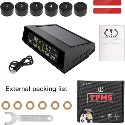 Car Truck RV TPMS Tire Pressure Monitoring System Wireless Solar Energy Charge With 6 External Sensors LCD Display Screen