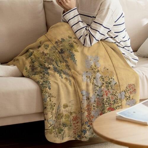 WARMTOUR Throw Blanket Japanese Edo Period Six-Panel Gold Leaf Screen Spring and Autumn Flowers Warm Microfiber Blanket