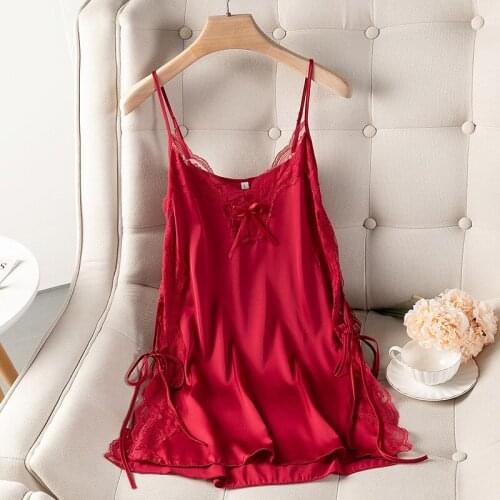 Womens Lace Bow Trim Short Nightgown Summer Ice Silk Sleepwear Sexy Spaghetti Strap Nightdress Pajamas Side Split Home Dress