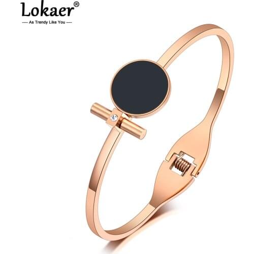 Lokaer Fashion Rose Gold Single Crystal Bangles For Women Stainless Steel Black Acrylic Lover Charm Bracelets & Bangles B20141