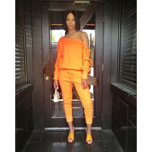 2020 women fashion new street girl style sets long sleeve card shoulder top elastic long pants pure color two piece sets