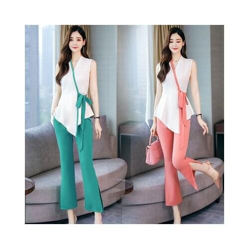 2021 Women Summer 2 pieces Suit New Two Pieces Sets lady sleeveless solid tops and long wide leg trousers Pants Suits