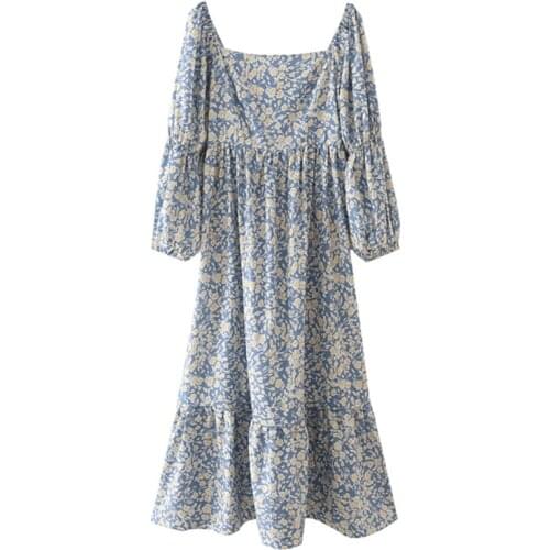YENKYE Vintage Floral Print Holiday Long Dress Women Sexy Square Neck Long Sleeve A-line Summer Dress Ladies Vestido