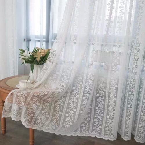 White Embroidered Lace Floral Sheer Curtains for Bedroom Pastoral Rural Sliding Door Window Treatment Drapes