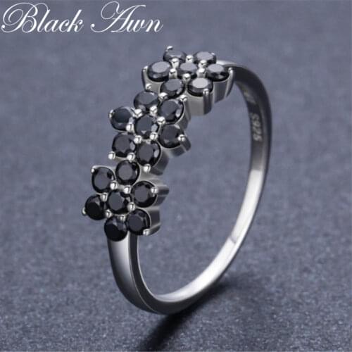 Black Awn Cute 925 Sterling Silver Fine Jewelry Flower Bague Black Spinel Wedding Rings for Women Girl Party Gift C463