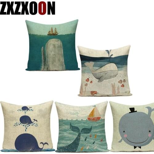 Polyester Decorative Throw Pillows Case Cute Cartoon Animals Whale Fish Sailer Navigation Pillowcase Pillow Cushion Cover