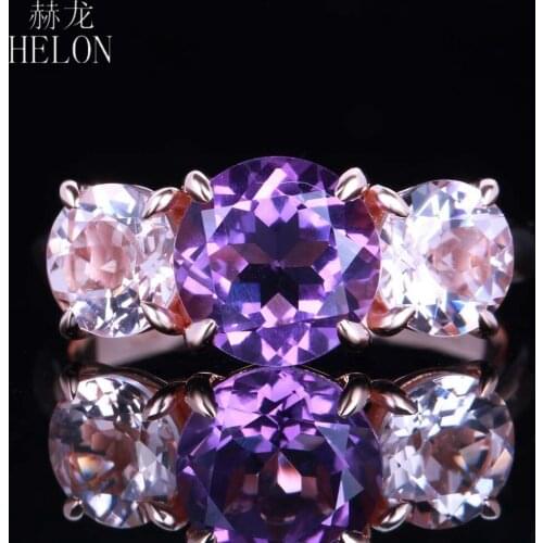 HELON Solid 14K Rose Gold Flawless Round Natural Amethyst Morganite Engagement Wedding Ring Women Unique Gemstone Jewelry