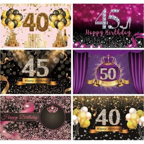 Laeacco 45th Birthday Banner Light Bokeh Glitters Ribbons Diamond Custom Photography Backgrounds Photo Backdrops For Photo Booth