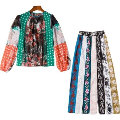 Runway Fashion 2Pcs Outfits Polka Dots Blouses + Striped High Waist Midi Skirt