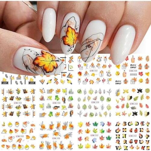 12pcs Nail Stickers Autumn Maple leaf Nail Art Water Decals Set Foils Decorations Design Flower Manicure BN1921-1932
