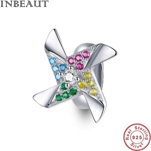 Genuine 925 sterling silver CZ charm dazzling windmill colorful stopper rubber beads fit original silver bracelet DIY jewelry