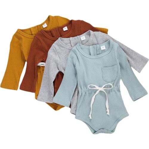 Newborn Baby Girls Long Sleeve Pocket Bodysuit Fashion Toddler Drawstring Solid Color Romper