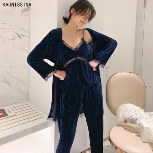 3 Pieces Autumn Winter Pajamas Set Sexy Spaghetti Strap Tops With Chest Pad Long Pants Pajama Velvet Kimono Robe Sleepwear