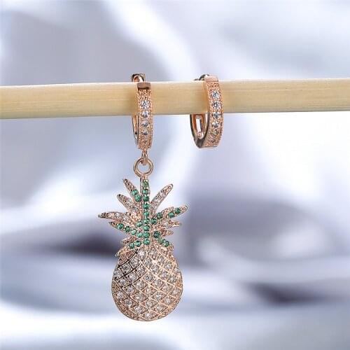 Luxury Female Pineapple Asymmetrical Earrings Rose Gold Silver Color Hoop Earrings Cute Crystal Fruit Wedding Earrings For Women