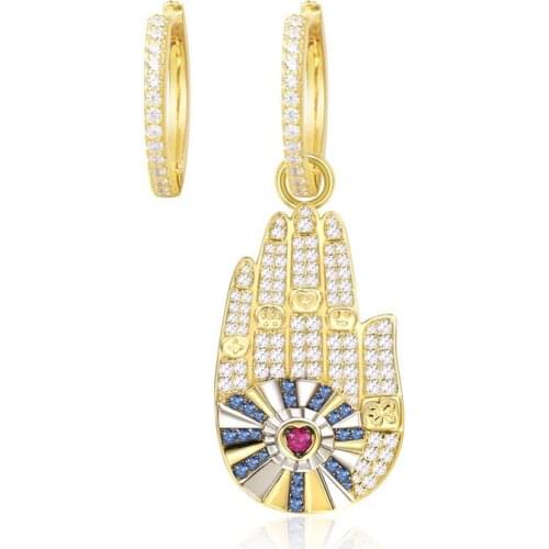 SOELLE 925 Sterling Silver Asymmetric Yellow Gold Color Hamsa Hand Lucky Palm Earrings Multicolor Zircon Women Fine Jewelry