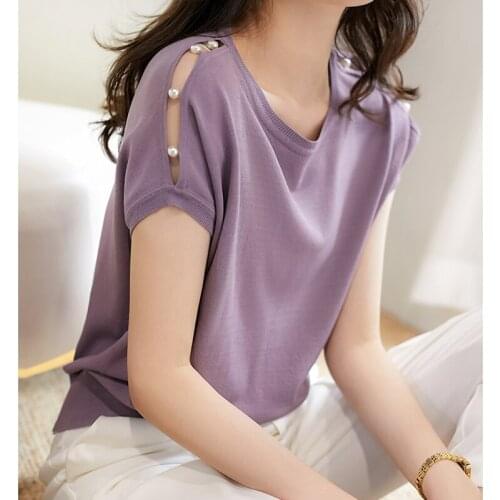 Slim Knitted Jumper Womens Sweater Summer O Neck Casual Chic Beading Sweaters Women Solid Elegant Short Sleeve Tops Femme