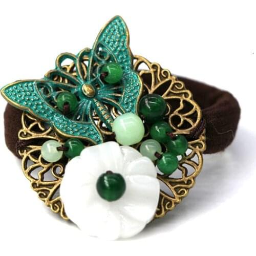 Ethnic Green Alloy Butterfly Hair Rope Chinese Style Headpiece Vintage Jewelry Ethnic Hair Accessories Women Ornament
