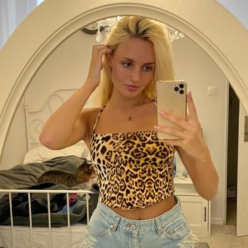 Leopard Pattern Women Tank Tops Backless Sexy Rave Outfits Sleeveless Cross Lace Up Bralette Crop Top Summer Streetwear