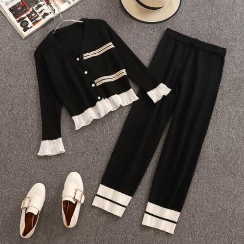 Korean New Knitted Pants Set 2021 Chic V-neck Cardigan Tops Trim Hem Ruffled Sweater and Wide leg pants 2 Piece Set Female