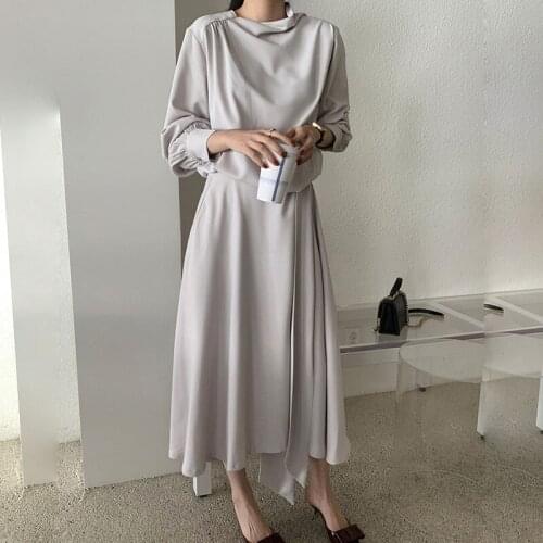 2021 Women Spring Full Sleeve High Waist Irregular A-line Long Dress Silky Bandage Wrap Midi Dresses