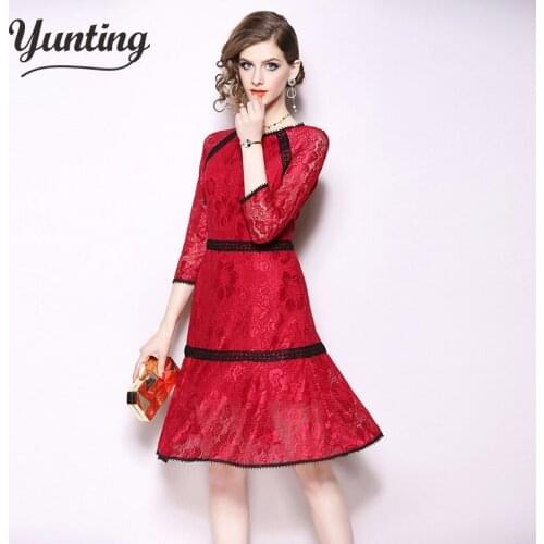 Party Dress Woman Autumn Lace Hollow Out Office Casual Elegant Dresses Vestido Robe