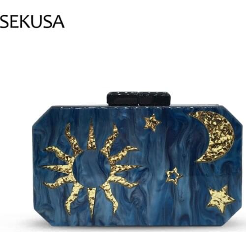 Sun Moon Golden Women Day Clutch Plastic Blue Color Metal Luxury Evening Bags Female Retro Party Handbags