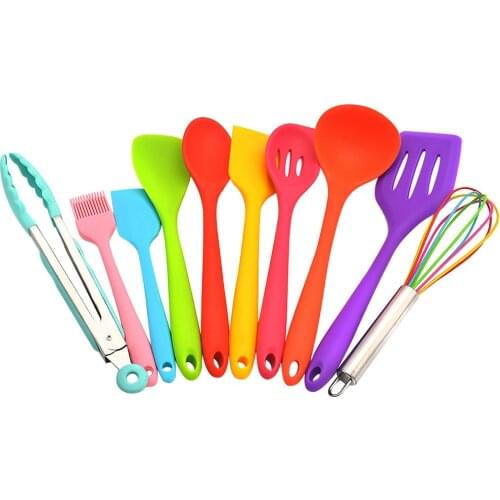 10Pcs Silicone Spatulas Set Heat Resistant Tongs Multi-color Whisk Non-stick Kitchen Utensils for Cooking Baking