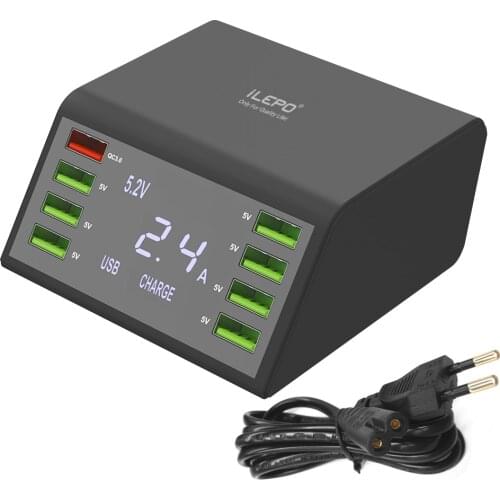 60W QC 3.0 USB Fast Charger with LCD Display 8-Port USB Chargers for iPhone iPad Tablets HUAWEI xiaomi Samsung Kindle AirPods