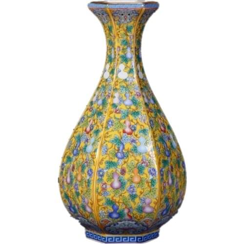 WU CHEN LONG Enamel Ceramic Vase Yongzheng Enamelled Six-Sided Bottle Antique Porcelain Collection Floral Organ Decoration R5779