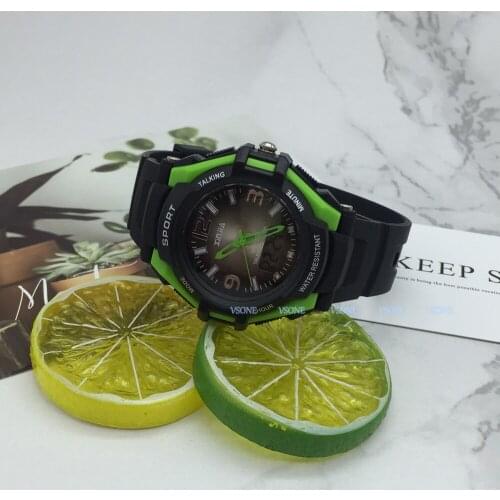 Italian Analog-Digital Dual Display Talking Wrist Watch w/Alarm for The Blind and Low Vision, with Black Ruber Strap 861ZTI-GRN