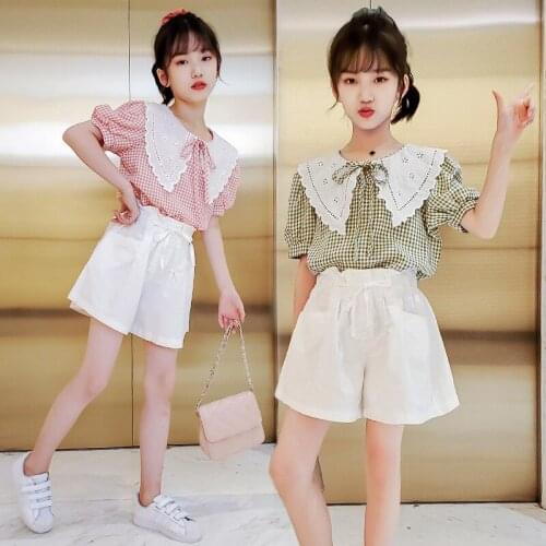 Girls Clothes Set Summer Kids Clothing Children Sports Suit Fashion Lace Collar Plaid Short Sleeve Sets 2 Pcs Teen Girls Outfits