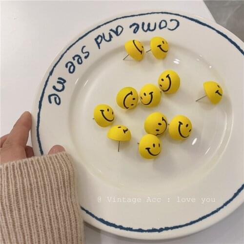 Korean Spring Retro Geometric Smiling Face Ear Nail Yellow Earring Girl Contracted Temperament Summer Ear Nail