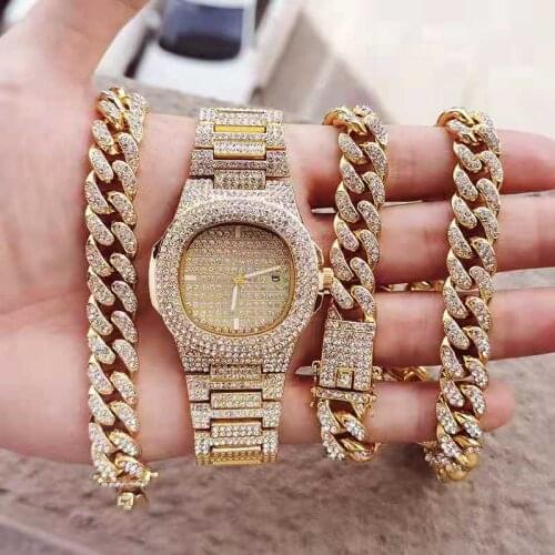 Iced Out Watch for Men Women Hip Hop Rapper Miami Cuban Chain Big Gold Chain Necklace Paved Rhinestone Bling Men Jewelry Set 3pc