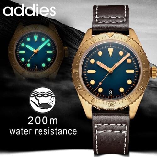 ADDIESDIVE Mechanical Bronze Diving Watch Men 20ATM NH35 Automatic Movement C3 Luminous Sapphire Crystal Dial with Leather Band