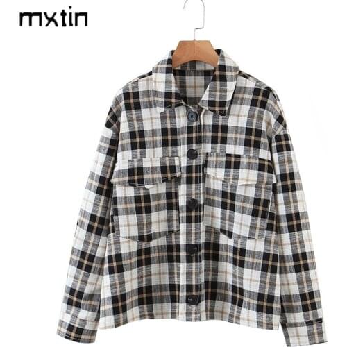 MXTIN 2021 Women Spring Fashion Plaid Oversized Blouses Pocket Loose Long Sleeve Casual Shirt Cute Preppy Style Female Shirts