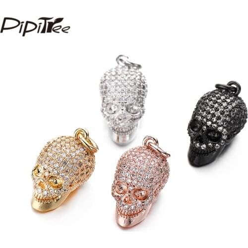 Pipitree Delicate Full Micro Paved CZ Zircon Skeleton Skull Charms fit Pendant Necklace Vintage DIY Charms Jewelry Making